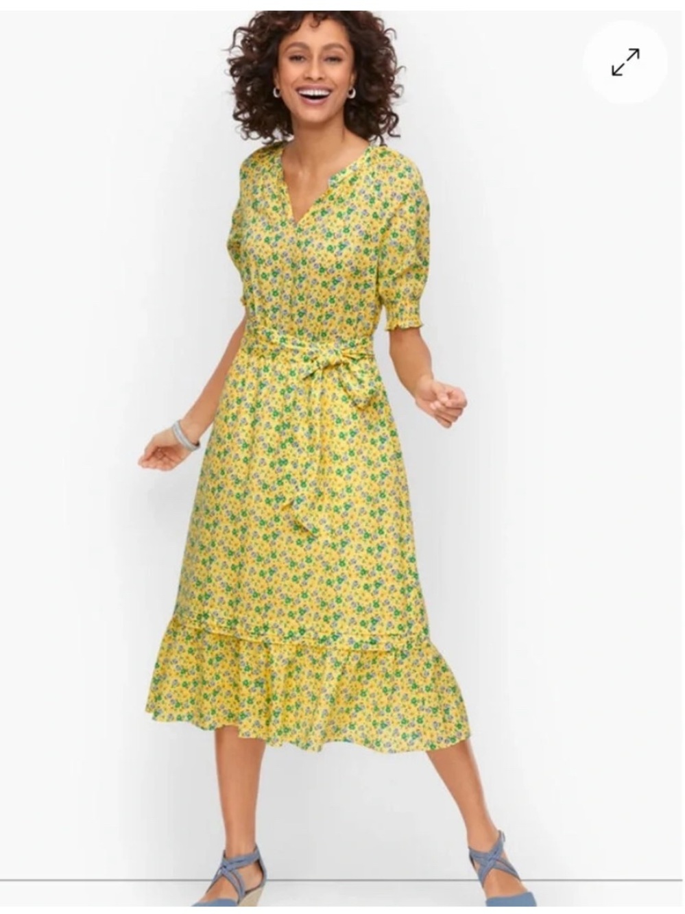 Talbots Midi Dress 1X 100% Cotton Yellow Floral Belted Tiered Ruffle Cottagecore